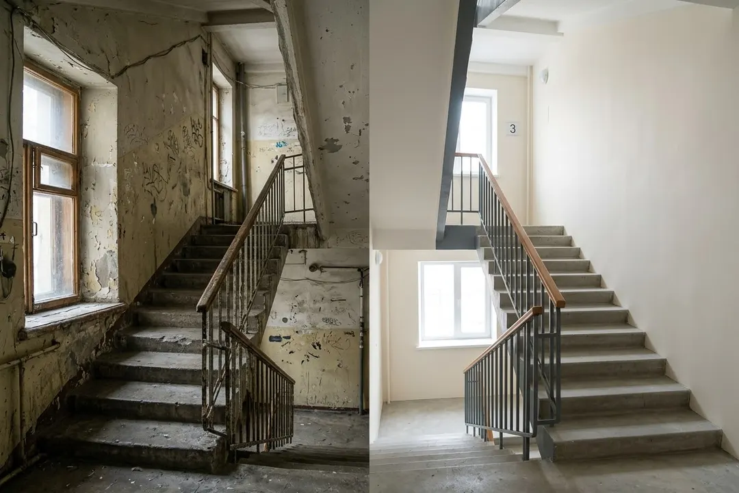 Лестничная клетка до и после ремонта: слева осыпавшаяся окраска, справа готовый подъезд
